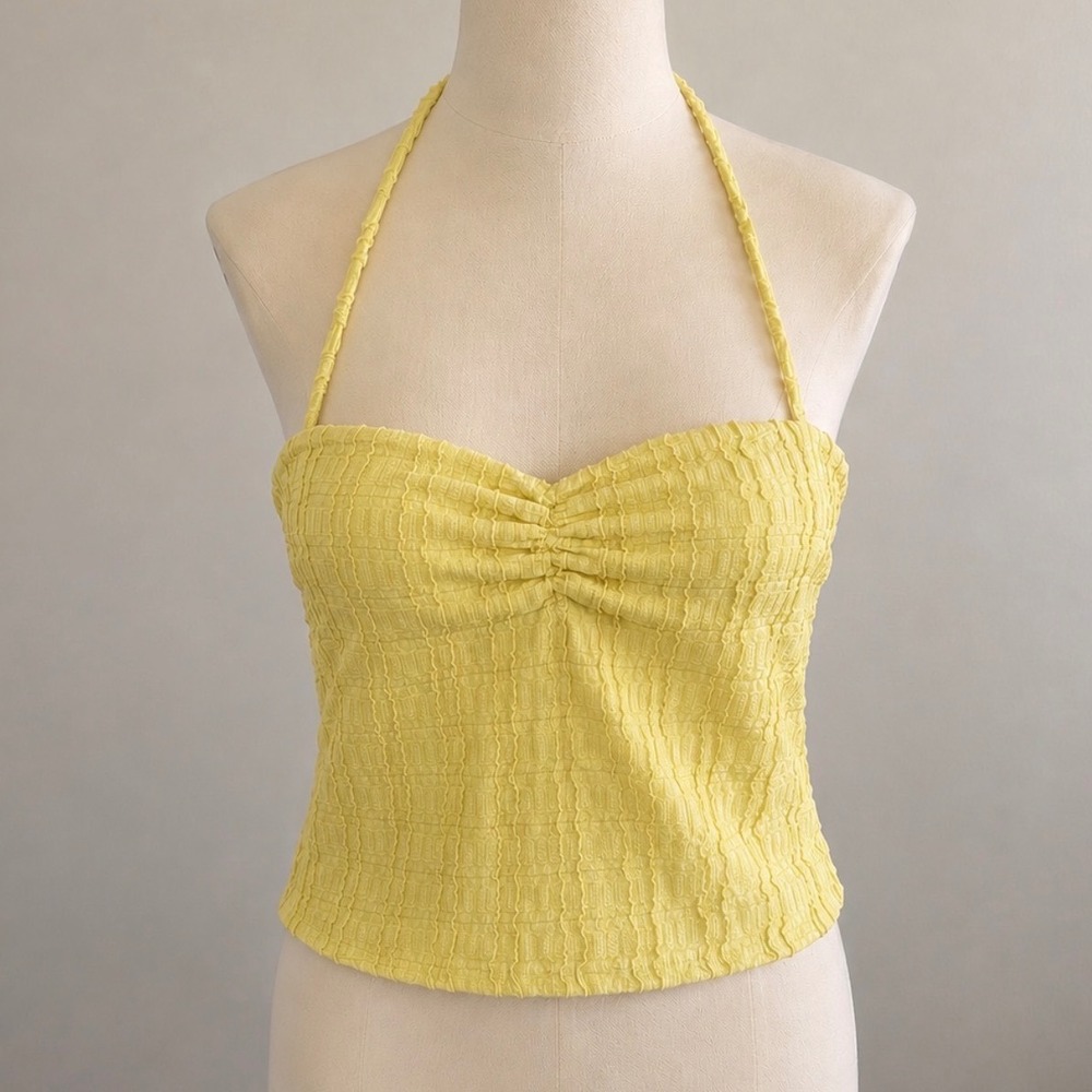 Edikted Halter Top Women XL Yellow Excellent Textured Sweetheart Neck Cropped
